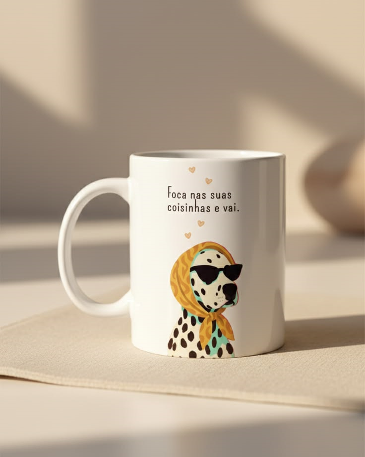 Caneca de cerâmica branca com estampa personalizada colorida