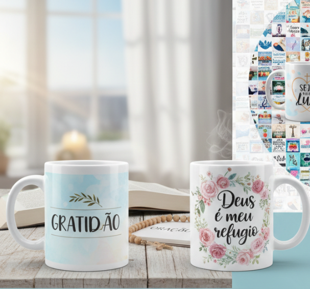 Trio de canecas personalizadas com designs vibrantes