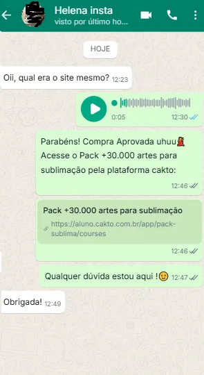 Cliente mostrando o pack de artes para sublimação no WhatsApp